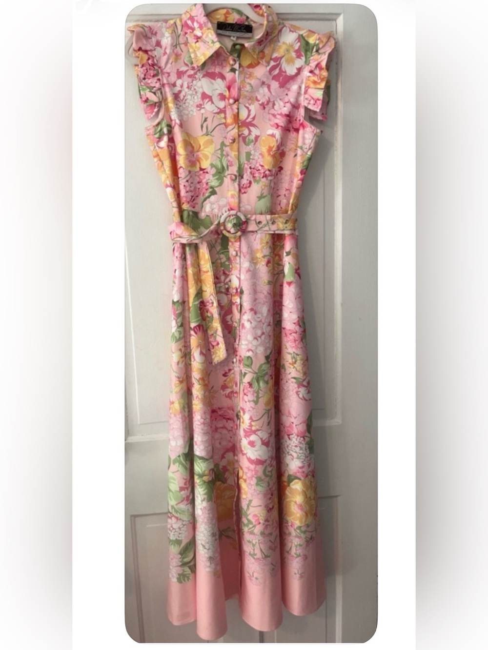 Pink Floral Belted Midi Dress with Ruffled Cap Sleeves